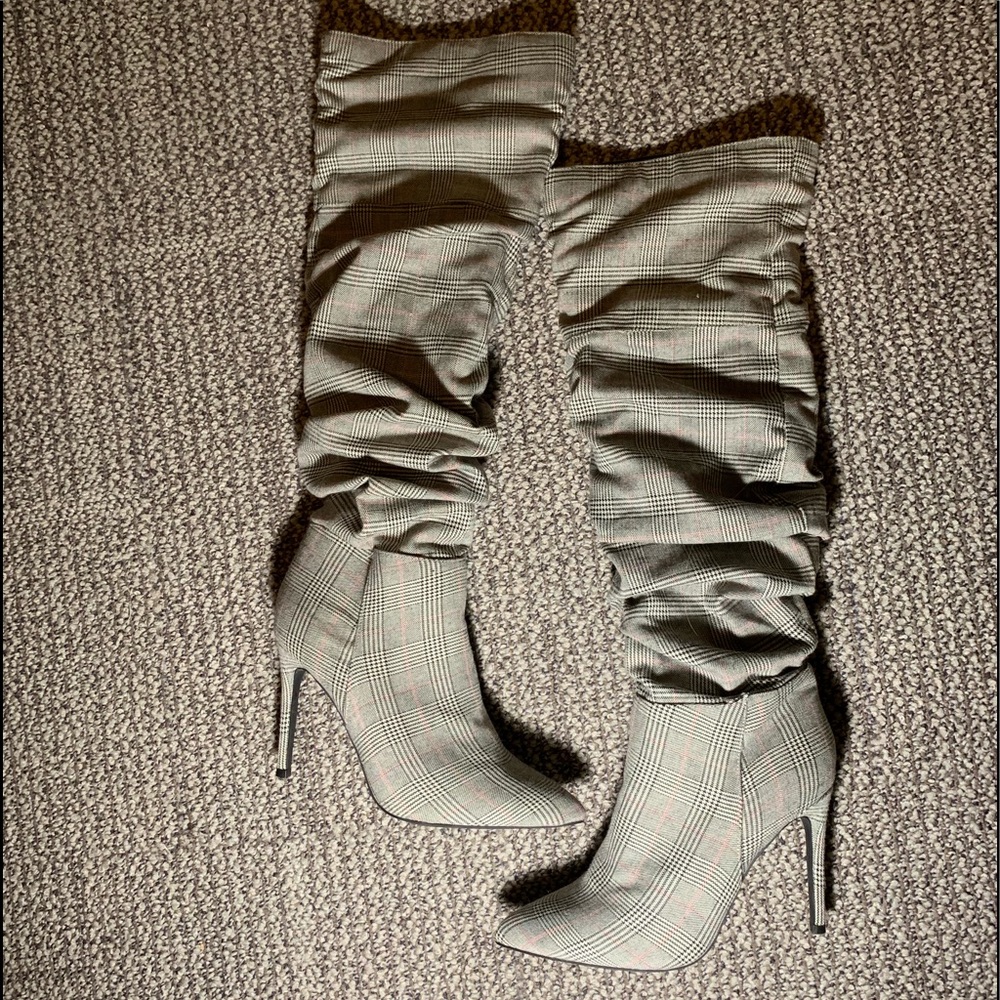 Missguided Checkered Plaid Knee High Boots